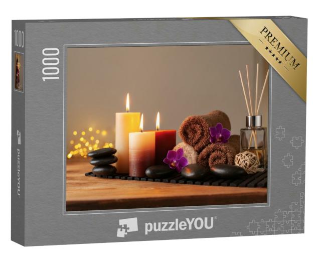 Puzzle 1000 Teile „Schönheitsbehandlung und Wellness: Massagestein, Orchideenblüten, Handtücher“