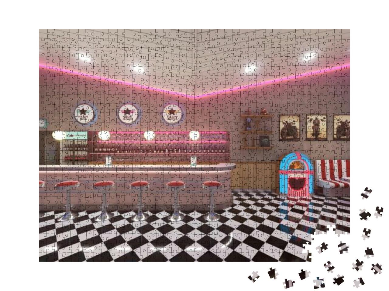 Puzzle 1000 Teile „Retro-Diner-Interieur mit Fliesenboden, Neonbeleuchtung, Jukebox und Barhockern“
