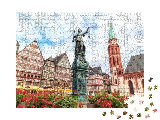 Puzzle 1000 Teile „Historischer Altstadtplatz Römerberg mit Justitia-Statue, Frankfurt, Deutschland“