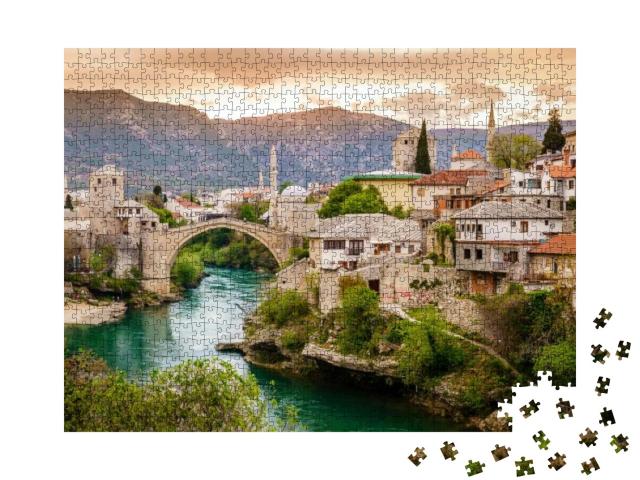 Puzzle 1000 Teile „Beeindruckede Stadt Mostar am Fluss Neretva, Bosnien“