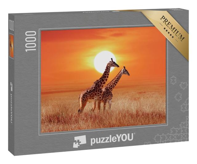 Puzzle 1000 Teile „Giraffen im glühenden Sonnenuntergang, Serengeti-Nationalpark“