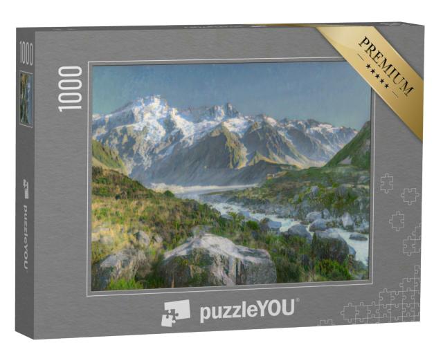 Puzzle 1000 Teile „im Kunst-Stil von Claude Monet - Hooker Valley Track mit dem schneebedeckten Berg Sefton Mont“