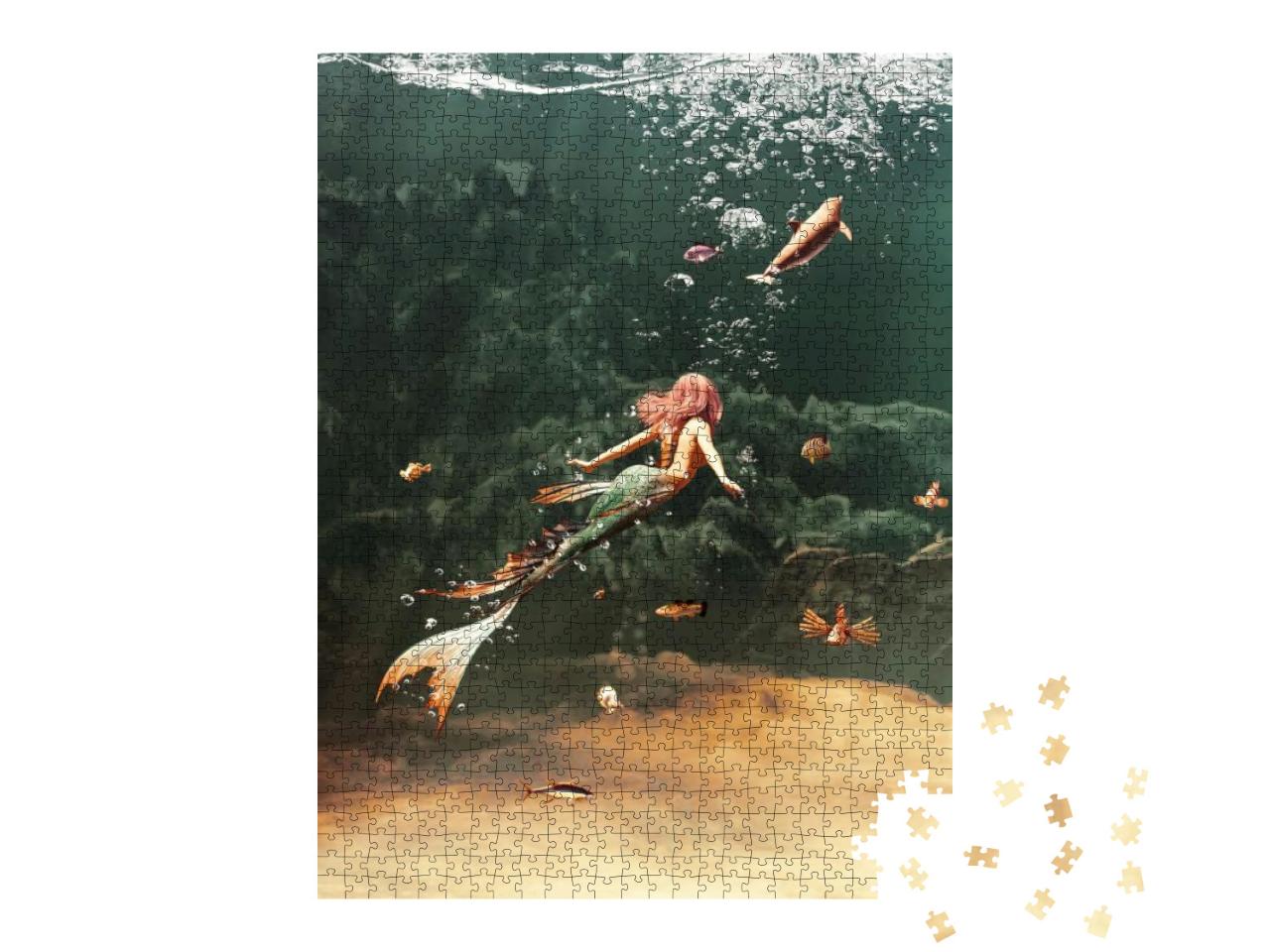 Puzzle 1000 Teile „Digitale Kunst: Anmutige Meerjungfrau schwimmt mit Fischen und Robbe“