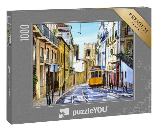 Puzzle 1000 Teile „Straße in Lissabon mit der typischen gelben Straßenbahn“