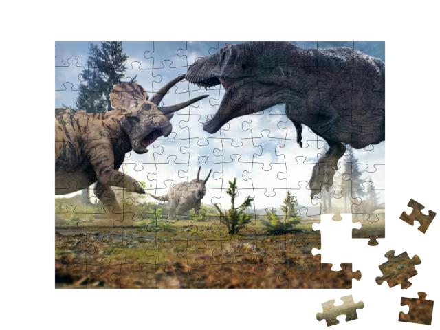 Puzzle 100 Teile „3D-Rendering des Tyrannosaurus Rex im Kampf gegen eine Triceratops-Herde“