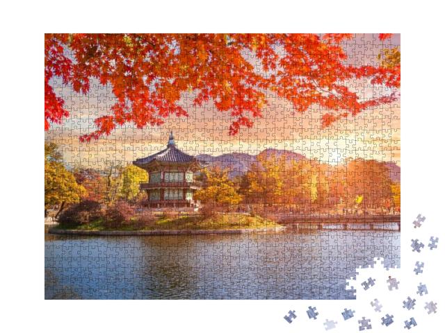 Puzzle 1000 Teile „Rote Ahornbäume am See des Gyeongbokgung-Palastes, Seoul, Südkorea“