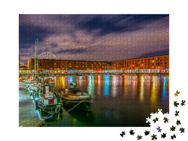 Puzzle 1000 Teile „Nachtansicht des beleuchteten Albert Docks, Liverpool, England“