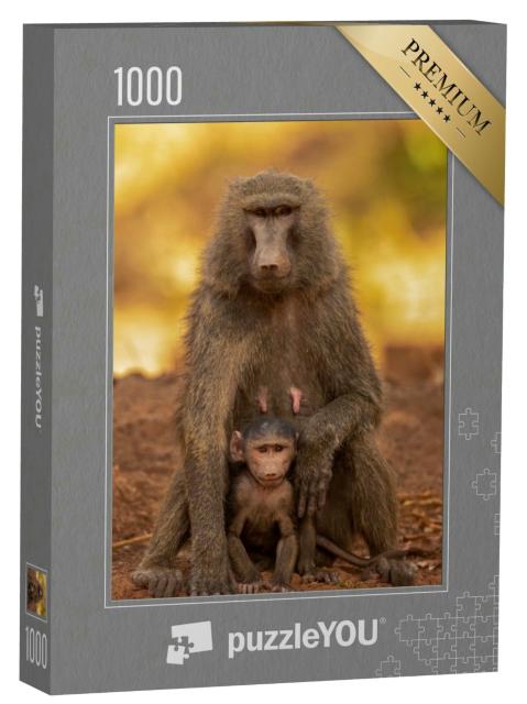 Puzzle 1000 Teile „Familien- und Verhaltensporträt von Olivenpavianen, Pendjari-Nationalpark, Benin“