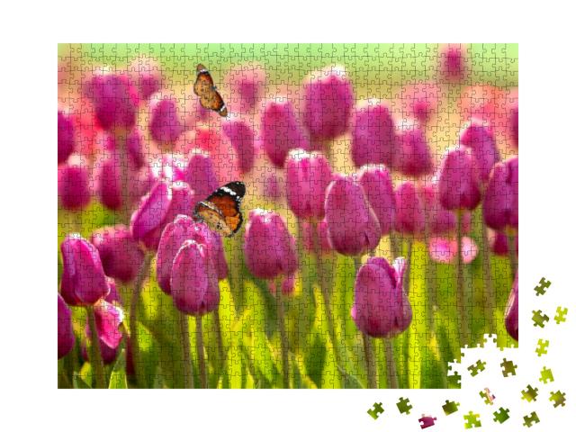 Puzzle 1000 Teile „Schöne Schmetterlinge und blühende Tulpen an einem sonnigen Frühlingstag“