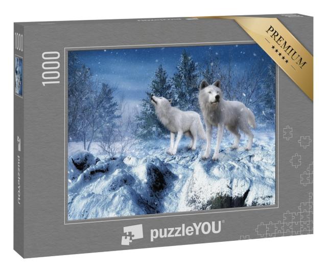Puzzle 1000 Teile „3D-Kunst Winterlandschaft mit zwei weißen Wölfen“