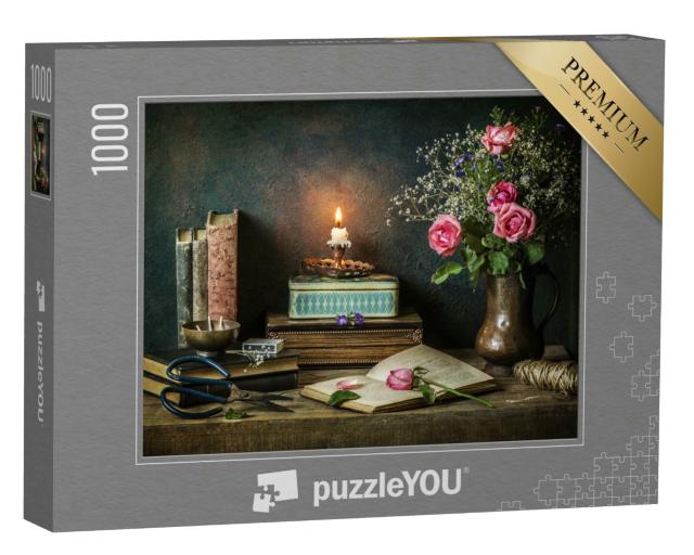 Puzzle 1000 Teile „Klassisches Stillleben mit Vintage-Büchern, alten Boxen und schönen Rosen“