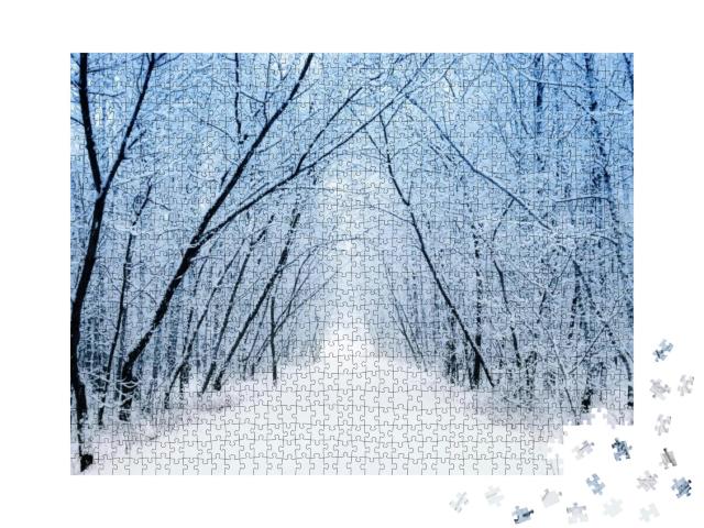 Puzzle 1000 Teile „Winterlandschaft: verschneiter Waldweg“