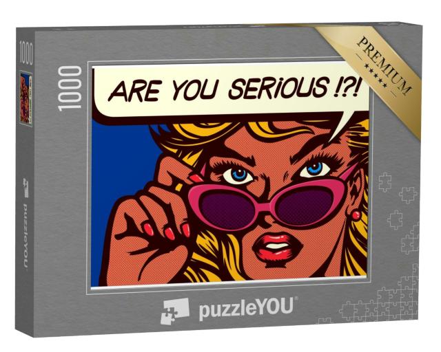 Puzzle 1000 Teile „Pop-Art-Comic-Stil: skeptische Frau mit Sonnenbrille“
