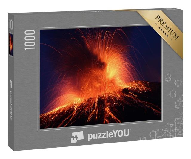 Puzzle 1000 Teile „Nächtlicher Ausbruch des Vulkans Stromboli, glühende Felsen“