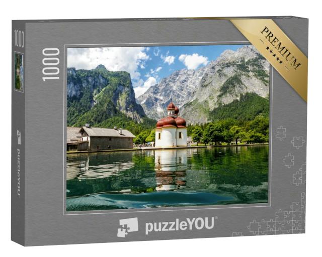 Puzzle 1000 Teile „Blick vom Königssee auf Kirche St. Bartholomäus, Bayern“