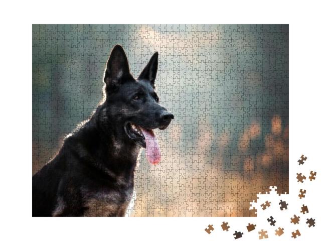 Puzzle 1000 Teile „Schwarzer großer Hund schaut aufmerksam, Zunge hängt aus dem Maul“
