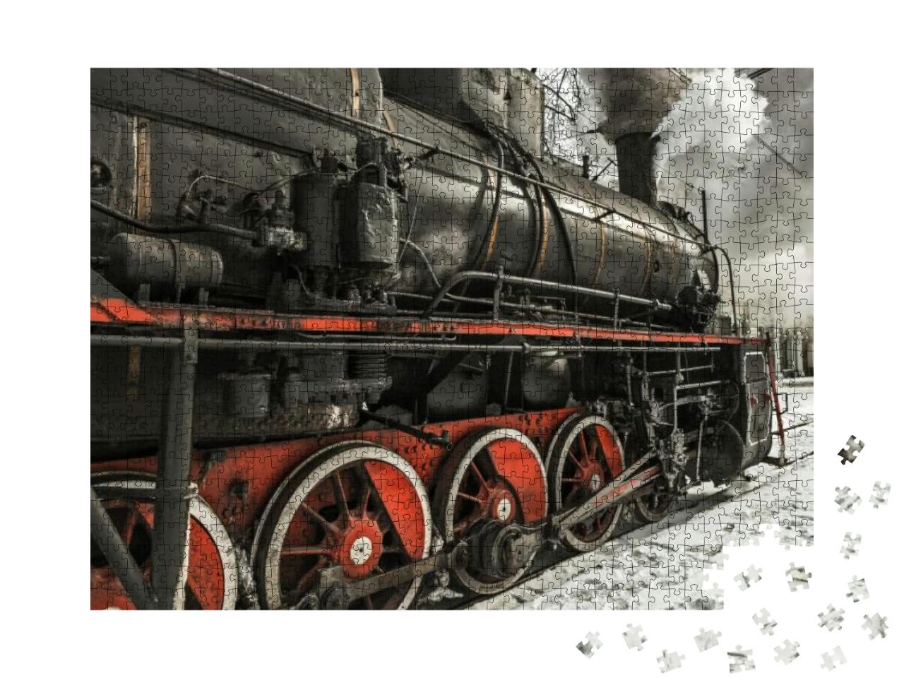Puzzle 1000 Teile „Eine sowjetische Dampflokomotive steht auf dem Bahnsteig des Bahnhofs“
