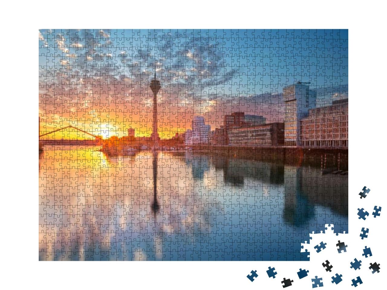 Puzzle 1000 Teile „Sonnenuntergang über dem Mediahafen in Düsseldorf, Nordrhein-Westfalen“