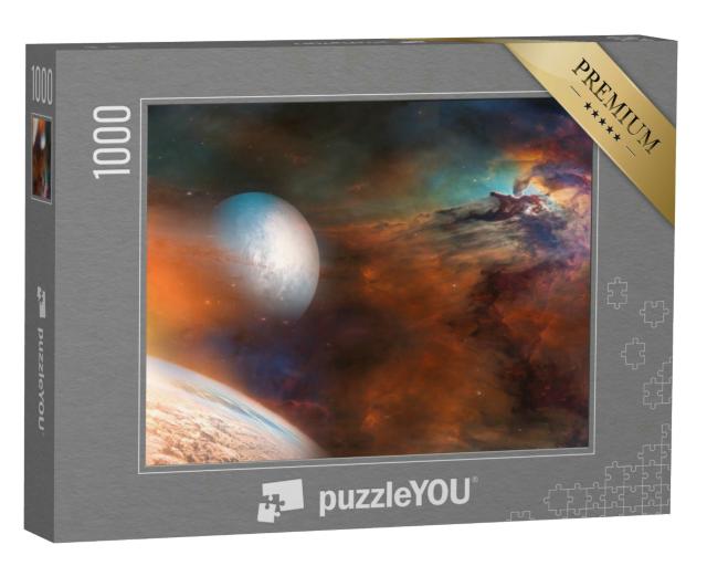 Puzzle 1000 Teile „Planetenlandschaft, Sonnenaufgang und Blick auf die Erde aus dem Weltraum“