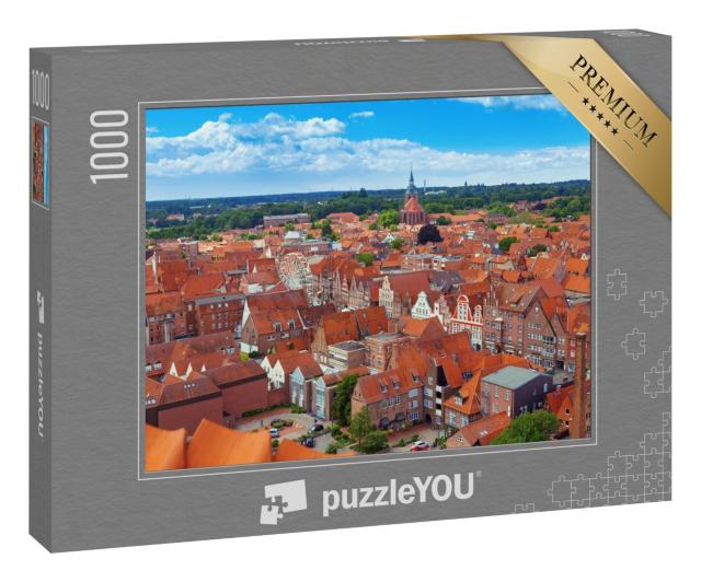 Puzzle 1000 Teile „Über den Dächern von Lüneburg: Stadtansicht von oben, Niedersachsen“