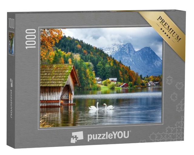 Puzzle 1000 Teile „Zwei weiße Schwäne auf dem Grundlsees, Steiermark, Österreich“