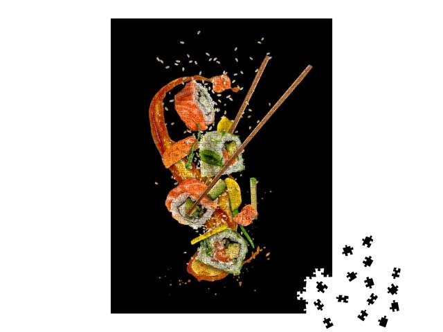 Puzzle 1000 Teile „Fliegende Sushi-Stücke auf schwarzem Hintergrund, hohe Auflösung“
