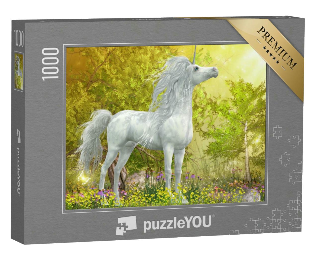 Puzzle 1000 Teile „Einhorn-Hengst auf der Wiese mit gelben Blumen, Illustration“