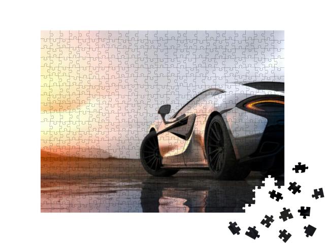 Puzzle 500 Teile „Silberner Luxus-Sportwagen im Sonnenuntergang“