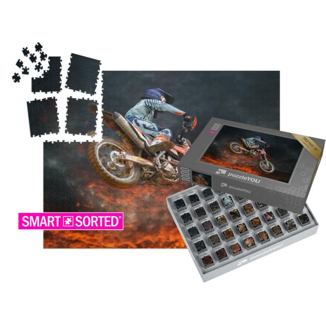 SMART SORTED® | Puzzle 1000 Teile „Motocross-Stunt unter glühendem Abendhimmel“
