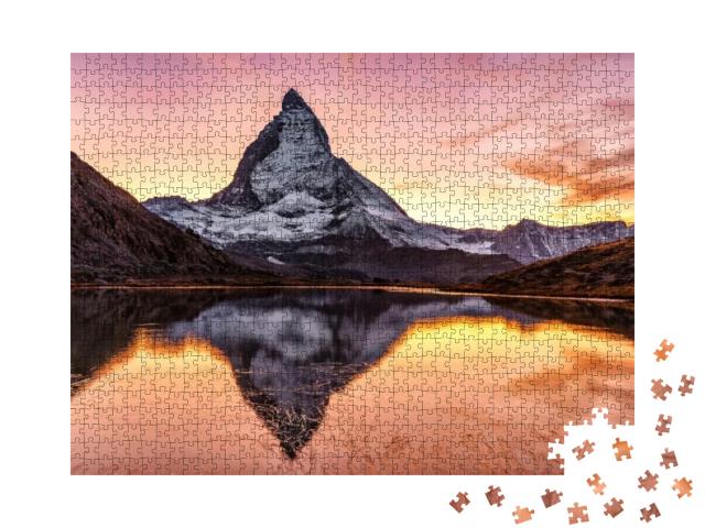 Puzzle 1000 Teile „Prächtiger Sonnenuntergang am Matterhorn und Riffelsee, Schweiz“