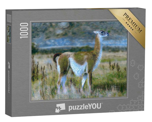 Puzzle 1000 Teile „im Kunst-Stil von Claude Monet - Guanaco im Torres del Paine Nationalpark“