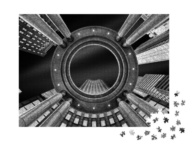 Puzzle 1000 Teile „abstrakte Perspektive eines Wolkenkratzers in New York, schwarz-weiß“