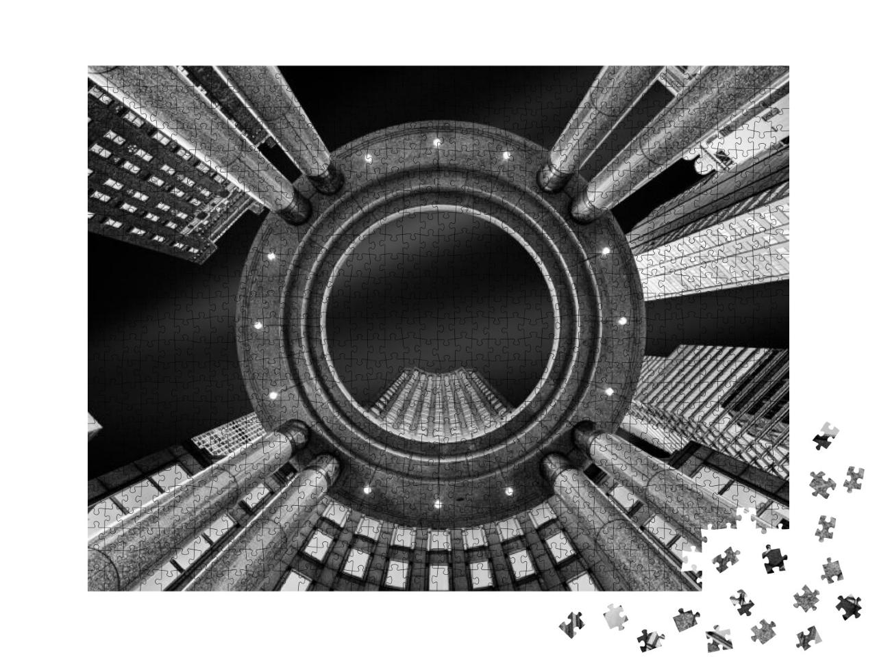 Puzzle 1000 Teile „abstrakte Perspektive eines Wolkenkratzers in New York, schwarz-weiß“