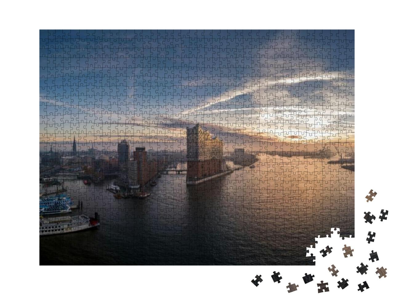 Puzzle 1000 Teile „Panorama Luftaufnahme vom Hamburger Hafen mit schönem Sonnenaufgang“