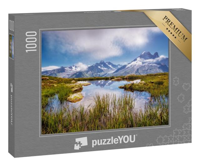 Puzzle 1000 Teile „Malerischer Mont-Blanc-Gletscher mit Lac Blanc, Aiguilles Rouges, Frankreich“