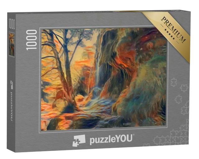 Puzzle 1000 Teile „im Stil von Edvard Munch, Der Schrei - Wasserfälle in den Ammergauer Alpen, Deutschland“