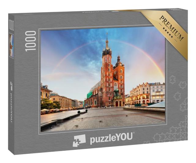 Puzzle 1000 Teile „Marienbasilika auf dem Hauptplatz von Krakau mit Regenbogen“