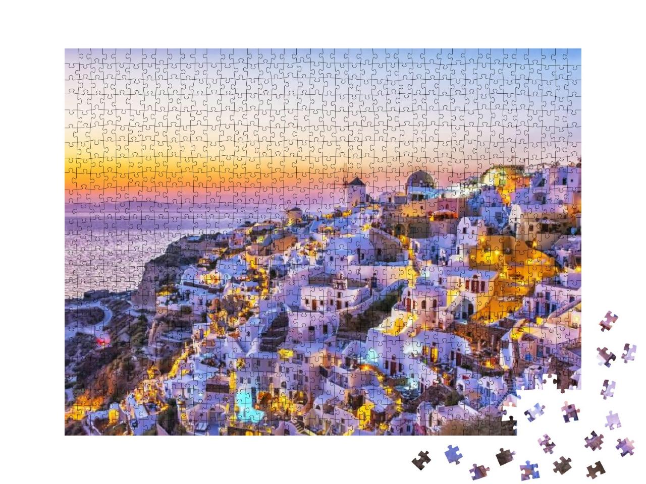 Puzzle 1000 Teile „Dorf Oia mit traditionellen weißen Häusern und Windmühlen, Santorini, Griechenland“