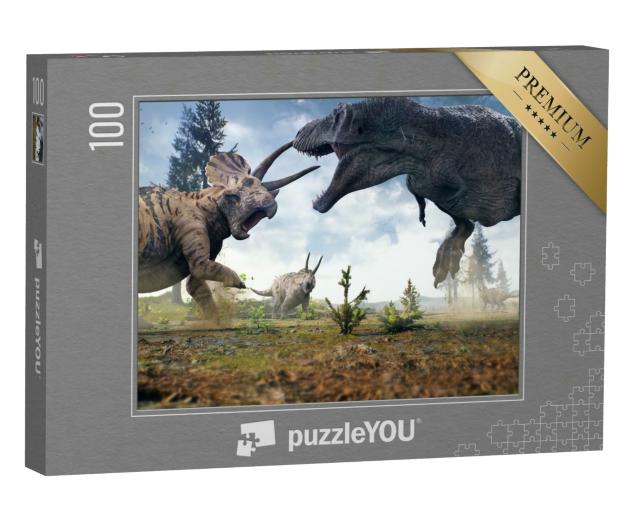 Puzzle 100 Teile „3D-Rendering des Tyrannosaurus Rex im Kampf gegen eine Triceratops-Herde“