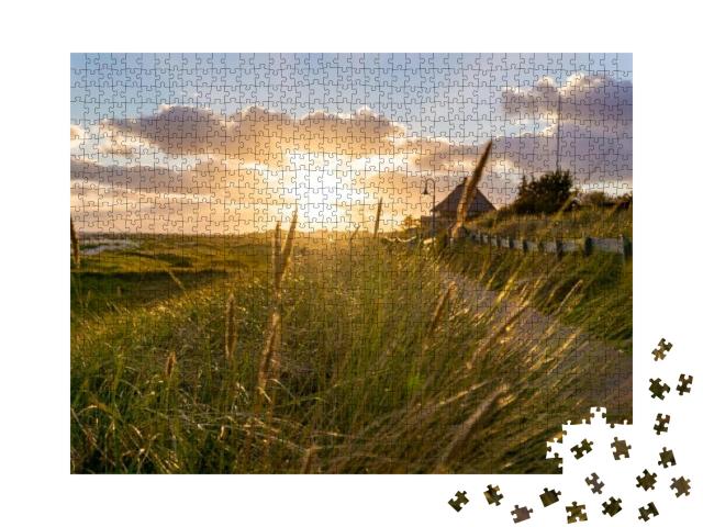 Puzzle 1000 Teile „Sonnenuntergang, der durch das Schilf in Amrum Deutschland scheint.“
