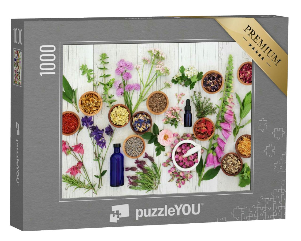 Puzzle 1000 Teile „Natürliche Kräutermedizin: Auswahl an Kräutern und Blumen in Holzschalen“