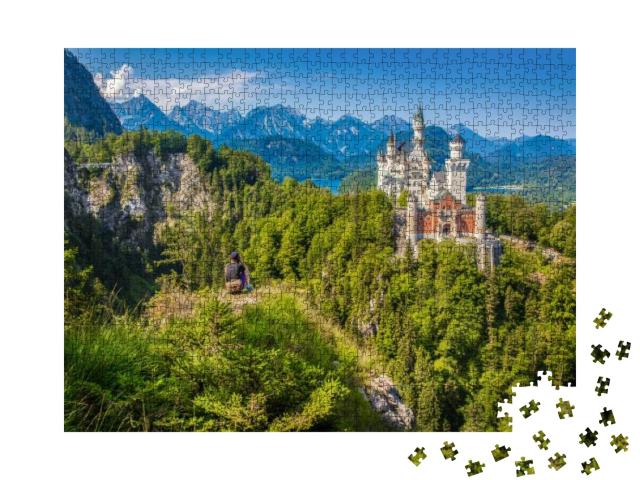 Puzzle 1000 Teile „Wanderer am Schloss Neuschwanstein, Füssen, Deutschland“
