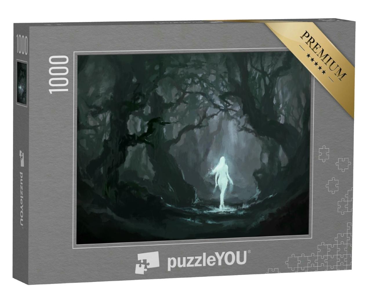 Puzzle 1000 Teile „Digitale Kunst: Leuchtende Figur im stillen Wald“