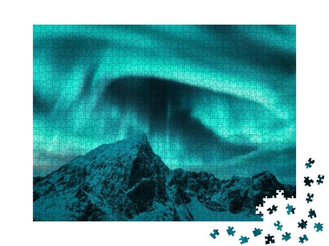 Puzzle 1000 Teile „Polarlicht über den Berggipfeln der Lofoten, Norwegen“