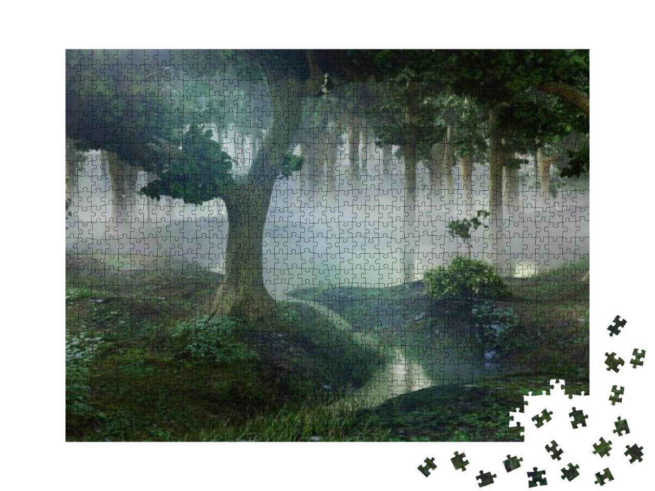 Puzzle 1000 Teile „Nebliger Fantasiewald mit Teichen, 3D-Landschaftsillustration“