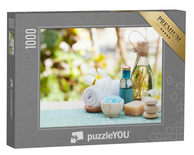 Puzzle 1000 Teile „Spa- und Wellness-Massageszenario: Stillleben mit ätherischem Öl, Salz und Steinen“
