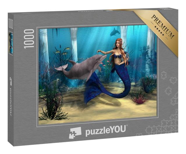Puzzle 1000 Teile „Digitale Kusnt: Meerjungfrau und Delphin im Fantasy-Ozean“