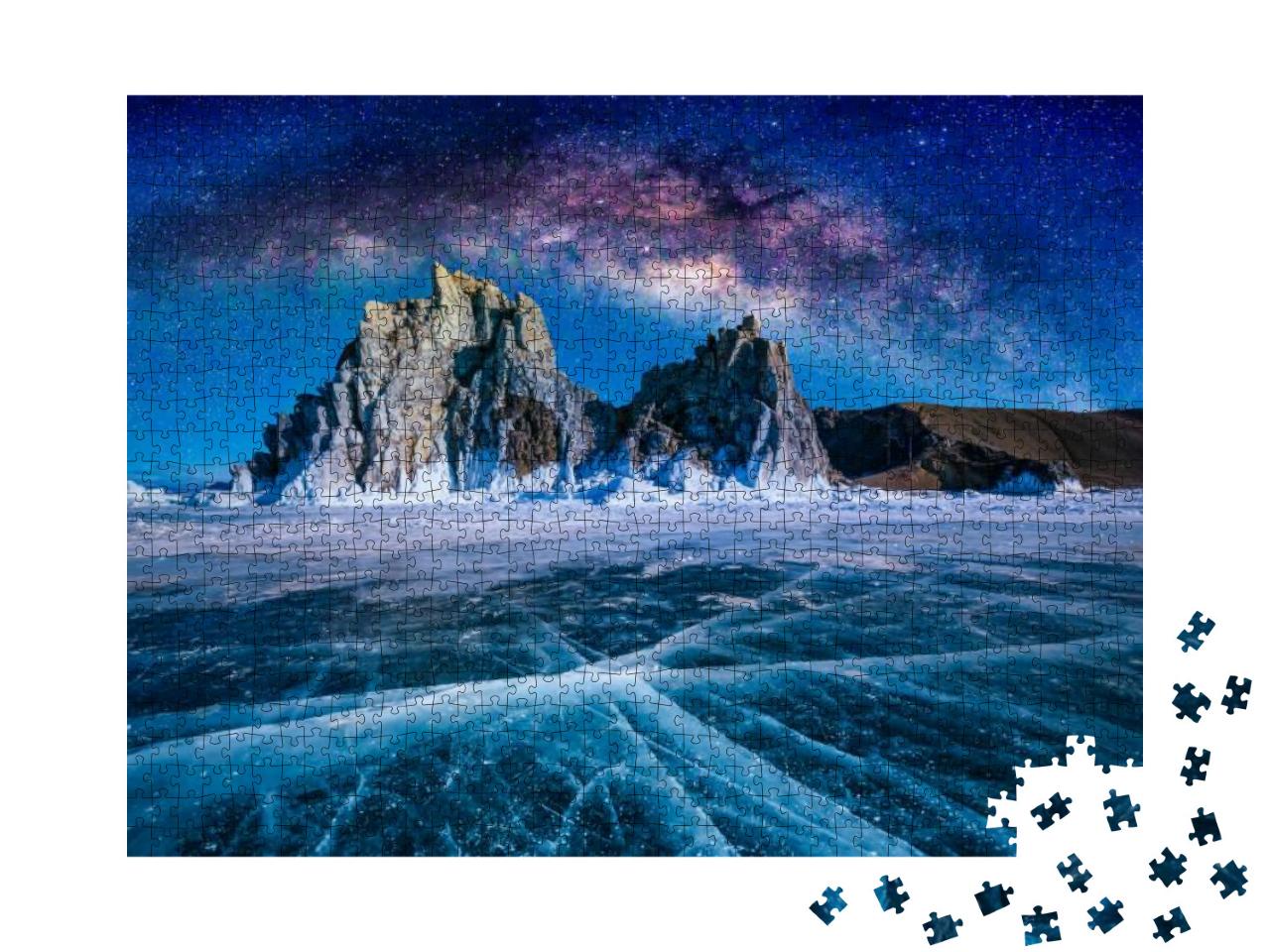 Puzzle 1000 Teile „Landschaft mit Schamanka-Felsen und Milchstraße am Himmel, Baikalsees, Sibirien“