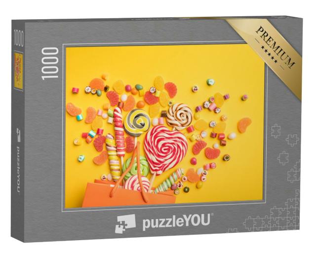 Puzzle 1000 Teile „Draufsicht auf köstliche bunte Bonbons, die aus einer Papiertüte fliegen“