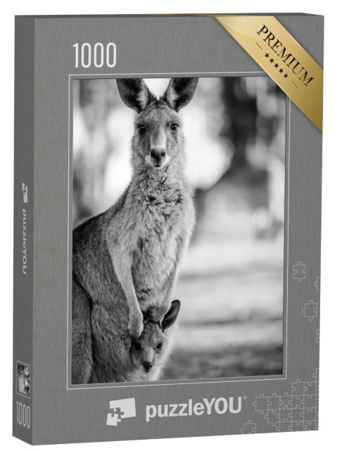 Puzzle 1000 Teile „Schwarz-Weiß-Aufnahme eines Kängurus mit seinem Baby“